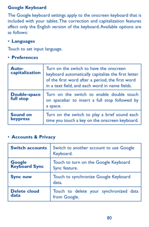 Page 808081
Google Keyboard
The Google keyboard settings apply to the onscreen keyboard that is included with your tablet. The correction and capitalization features affect only the English version of the keyboard. Available options are as follows:
•	Languages
Touch to set input language.
•	Preferences
Auto-capitalizationTurn on the switch to have the onscreen keyboard automatically capitalize the first letter of the first word after a period, the first word in a text field, and each word in name fields....