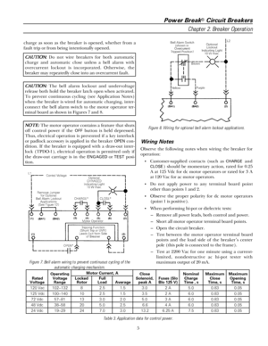 Page 11Power Break® Circuit Breakers
Chapter 2. Breaker Operation
5 charge as soon as the breaker is opened, whether from a
fault trip or from being intentionally opened.
CC C C
AA A A
UU U U
TT T T
II I I
OO O O
NN N N::: :
 Do not wire breakers for both automatic
charge and automatic close unless a bell alarm with
overcurrent lockout is incorporated. Otherwise, the
breaker may repeatedly close into an overcurrent fault.
CC C C
AA A A
UU U U
TT T T
II I I
OO O O
NN N N
::: : The bell alarm lockout and...