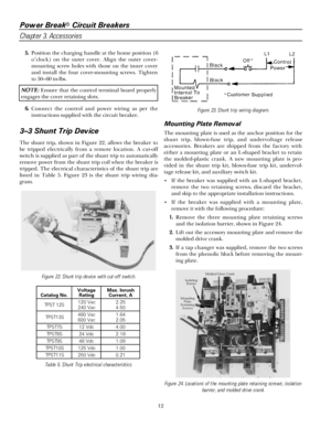 Page 18Power Break® Circuit Breakers
Chapter 3. Accessories
12 55 5 5
... .
Position the charging handle at the home position (6
o’clock) on the outer cover. Align the outer cover-
mounting screw holes with those on the inner cover
and install the four cover-mounting screws. Tighten
to 50–60 in-lbs.
NN N N
OO O O
TT T T
EE E E
::: : Ensure that the control terminal board properly
engages the cover retaining slots.
66 6 6
... .
Connect the control and power wiring as per the
instructions supplied with the...