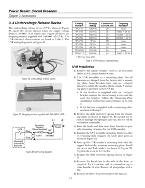 Page 20Power Break® Circuit Breakers
Chapter 3. Accessories
14
3–4 Undervoltage Release Device
The undervoltage release device (UVR), shown in Figure
28, opens the circuit breaker when the supply voltage
drops to 35–60% of its rated value. Figure 29 shows the
dropping resistor supplied with 240–600 volt UVRs. The
UVR electrical characteristics are listed in Table 6. The
UVR wiring diagram is in Figure 30.
Figure 28. Undervoltage release device.
Figure 29. Dropping resistor supplied with 240–600 V UVRs.
Figure...