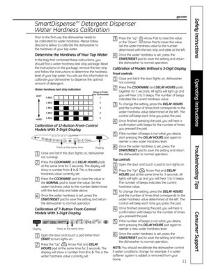 Page 11Prior to the first use, the dishwasher needs to 
be calibrated for water hardness. Please follow
directions below to calibrate the dishwasher to 
the hardness of your tap water.
Determine the Hardness of Your Tap Water
In the bag that contained these instructions, you
should find a water hardness test strip package. Read
the instructions on the package, remove the test strip
and follow the instructions to determine the hardness
level of your tap water. You will use this information to
calibrate your...