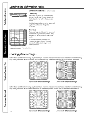 Page 14Operating Instructions
Safety Instructions
Consumer Support
Troubleshooting Tips
14
Loading the dishwasher racks.
Extra Rack Features (on some models)
Cutlery Tray
The cutlery tray holds up to 4 large knifes
such as a carver, chef ’s knives, bread knife,
etc., that are too tall to fit in the silverware
basket .
Hook the tray onto the rear of the upper rack.
Lay the knives between the guides 
(as shown).
Bowl Tines
The special large-bowl tines in the lower rack
add flexibility to your loading pattern....