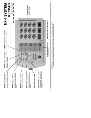 Page 2NX-4 SYSTEM
 KEYPAD
Includes models
NX-108E, NX-116E, NX-
124E
POWER Light is “on” when AC 
power is present; flashes to 
indicate a low battery condition.
 
READY Light is “on” when the 
system is ready to arm; flashes 
if ready to “force arm”. SERVICE
 Light is “on” to indicate a 
trouble condition with your system.
 
ARMED Light is “on” when 
armed; “off” when disarmed; 
flashes to indicate a previous 
alarm. 
INSTANT Light is “on” when 
there is no entry/exit delay. 
FIRE Light is “on” to indicate...