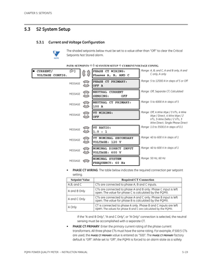 Page 105CHAPTER 5: SETPOINTS
PQMII POWER QUALITY METER  – INSTRUCTION MANUAL5–19
5.3 S2 System Setup
5.3.1 Current and Voltage Conf iguration
NoteThe shaded setpoints below must be set to a value other than “Off ” to clear the Critical 
Setpoints Not Stored alarm.
PATH: SETPOINTS  S2 SYSTEM SETUP  CURRENT/VOLTAGE CONFIG.
•PHASE CT WIRING: The table below indicates the required connection per setpoint 
setting.
If the “A and B Only”, “A and C Only”, or “A Only” connection is selected, the neutral 
sensing must...