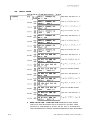 Page 1325–46PQMII POWER QUALITY METER  – INSTRUCTION MANUAL
CHAPTER 5: SETPOINTS
5.5.6 Demand Alarms
PATH: SETPOINTS  S4 ALARMS/CONTROL  DEMAND
•PHASE A/B/C/NEUTRAL CURRENT DMD RELAY: Phase/neutral current demand 
detection can either be disabled or used as an alarm or process control. Set this 
setpoint to “Off ” if the feature is not required. Selecting “Alarm” activates the alarm 
relay and displays an alarm message whenever a phase/neutral current demand level 
 DEMAND [] PHASE A CURRENT DMD
RELAY:...