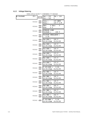 Page 1466–6PQMII POWER QUALITY METER  – INSTRUCTION MANUAL
CHAPTER 6: MONITORING
6.2.2 Voltage Metering
PATH: ACTUAL VALUES  A1 METERING  VOLTAGE
 VOLTAGE [] Van = 120 Vbn = 120
Vcn = 120 V
MESSAGEIavg = 100 AMPS
Vavg = 120 V L-N
MESSAGEVab= 0 Vbc= 0
Vca= 0 V
MESSAGEAVERAGE LINE
VOLTAGE =  208 V
MESSAGEVOLTAGE UNBALANCE =
0.0%
MESSAGEVan MIN =  100 V
12:00:00am 01/01/95
MESSAGEVbn MIN =  100 V
12:00:00am 01/01/95
MESSAGEVcn MIN =  100 V
12:00:00am 01/01/95
MESSAGEVab MIN =  173 V
12:00:00am 01/01/95...