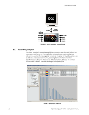 Page 161–8PQMII POWER QUALITY METER  – INSTRUCTION MANUAL
CHAPTER 1: OVERVIEW
FIGURE 1–5: Switch Inputs and Outputs Relays
1.3.3 Power Analysis Option
Non-linear loads (such as variable speed drives, computers, and electronic ballasts) can 
cause unwanted harmonics that may lead to nuisance breaker tripping, telephone 
interference, and transformer, capacitor or motor overheating. For fault diagnostics such 
as detecting undersized neutral wiring, assessing the need for harmonic rated 
transformers, or judging...