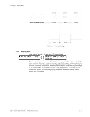 Page 157CHAPTER 6: MONITORING
PQMII POWER QUALITY METER  – INSTRUCTION MANUAL6–17
FIGURE 6–2: Pulse Input Timing
6.2.9 Analog Input
PATH: ACTUAL VALUES  A1 METERING  ANALOG INPUT
This message displays the measured 4 to 20 mA analog input scaled to the user def ined 
name and units. The analog input can be conf igured via a switch input and output relay to 
multiplex two analog input signals. The displayed user def ined name and units will change 
to the corresponding values depending upon which analog input...