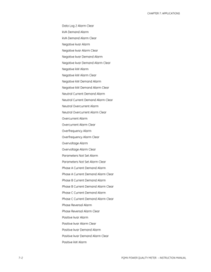 Page 1747–2PQMII POWER QUALITY METER  – INSTRUCTION MANUAL
CHAPTER 7: APPLICATIONS
Data Log 2 Alarm Clear
kVA Demand Alarm
kVA Demand Alarm Clear
Negative kvar Alarm
Negative kvar Alarm Clear
Negative kvar Demand Alarm
Negative kvar Demand Alarm Clear
Negative kW Alarm
Negative kW Alarm Clear
Negative kW Demand Alarm
Negative kW Demand Alarm Clear
Neutral Current Demand Alarm
Neutral Current Demand Alarm Clear
Neutral Overcurrent Alarm
Neutral Overcurrent Alarm Clear
Overcurrent Alarm
Overcurrent Alarm Clear...