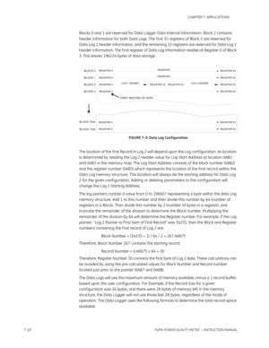 Page 1907–18PQMII POWER QUALITY METER  – INSTRUCTION MANUAL
CHAPTER 7: APPLICATIONS
Blocks 0 and 1 are reserved for Data Logger Data Interval information. Block 2 contains 
header information for both Data Logs. The f irst 32 registers of Block 2 are reserved for 
Data Log 1 header information, and the remaining 32 registers are reserved for Data Log 2 
header information. The f irst register of Data Log information resides at Register 0 of Block 
3. This leaves 196224 bytes of data storage.
FIGURE 7–3: Data Log...