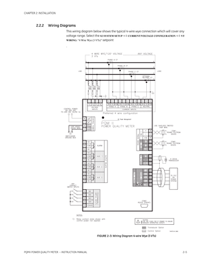 Page 35CHAPTER 2: INSTALLATION
PQMII POWER QUALITY METER  – INSTRUCTION MANUAL2–5
2.2.2 Wiring Diagrams
This wiring diagram below shows the typical 4-wire wye connection which will cover any 
voltage range. Select the 
S2 SYSTEM SETUP  CURRENT/VOLTAGE CONFIGURATION  VT 
WIRING: 
“4 Wire Wye (3 VTs)” setpoint
.
FIGURE 2–3: Wiring Diagram 4-wire Wye (3 VTs) 