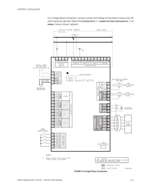 Page 41CHAPTER 2: INSTALLATION
PQMII POWER QUALITY METER  – INSTRUCTION MANUAL2–11
For a single-phase connection, connect current and voltage to the phase A inputs only. All 
other inputs are ignored. Select the 
S2 SYSTEM SETUP  CURRENT/VOLTAGE CONFIGURATION  VT 
WIRING:
 “SINGLE PHASE” setpoint .
FIGURE 2–8: Single Phase Connection 