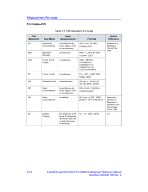 Page 92Measurement Formulas
2-16LOGIQ 3 Expert/LOGIQ 3 Pro/LOGIQ 3 Advanced Reference Manual
Direction 5122542-100 Rev. 2
Formulas–OB
Table 2-5: OB Calculation Formulas
Calc 
Mnemonic
Calc Name
Input 
Measurements
Formula
Author 
Reference
AC Abdominal 
Circumference circumference by 
trace, ellipse, circle 
or two distances AC=13.3+1.61 (GA) -
0.00998 (GA)2Hadlock et al, 
Radiology, 
152:497-501, 
1984
BPD Biparietal 
Diameter one distance BPD = -3.08+0.41 (GA) - 
0.000061 (GA)
3
CRLCrown Rump 
Length one...