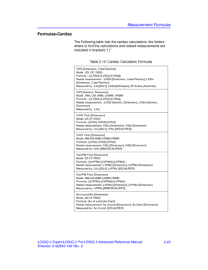 Page 99Measurement Formulas
LOGIQ 3 Expert/LOGIQ 3 Pro/LOGIQ 3 Advanced Reference Manual 2-23
Direction 5122542-100 Rev. 2
Formulas-Cardiac
The Following table lists the card iac calculations. the folders 
where to find tha calculations and related measurements are 
indicated in brackets “[ ]”.
Table 2-10: Cardiac Calculation Formulas
%FS [Dimension, Cube/Teicholz]
Mode : 2D, CF, VR2D
Formula : (({LFIDd}-[LVIDs])/{LVIDd])
Needs measurement : LVIDd [Dimension, Cube/Teichloz], LVIDs 
[Dimension, Cube/Teichloz]...