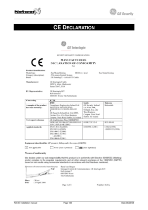 Page 126
         
 
GE Security g 
  
Security g 
CE DECLARATION 
NX-8E Installation manual Page 126 Date 08/09/04  