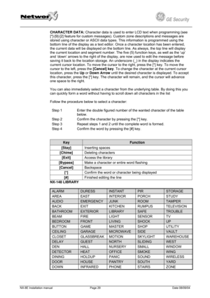 Page 29
         
 
GE Security g 
CHARACTER DATA: Character data is used to enter LCD text when programming (see 
[*]-[9]-[2] feature for custom messages). Custom zone descriptions and messages are 
stored using character or ASCII data types. This information is programmed using the 
bottom line of the display as a text editor. Once a character location has been entered, 
the current data will be displayed on the bottom line. As always, the top line will display 
the current location and segment number. The...