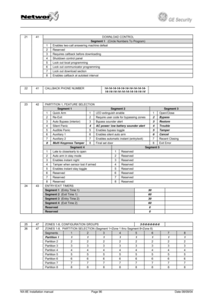 Page 96
         
 
GE Security g 
 
DOWNLOAD CONTROL 
Segment 1   (Circle Numbers To Program) 
1 Enables two-call answering machine defeat 
2 Reserved 
3 Requires callback before downloading 
4 Shutdown control panel 
5 Lock out local programming 
6 Lock out communicator programming 
7 Lock out download section 
21 41 
8 Enables callback at autotest interval 
 
 
22 41 CALLBACK PHONE NUMBER 14-14-14-14-14-14-14-14-14-14-14-14-14-14-14-14-14-14-14-14  
 
 
PARTITION 1, FEATURE SELECTION 
Segment 1    Segment 2...
