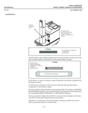 Page 34AMX-4+ OPERATION
GE Healthcare (MODEL 2169360, 2236420 & 2275938 SERIES)
REV 15 om 2166913-1EN
6-2
ILLUSTRATION 6-1 
The blue battery status display approximates remaining battery charge, and should 
only be used to gather information as to the relative state of charge.
As the AMX-4+ is used in its various modes of operation, the number of segments lit 
will slowly decrease.
Its important to note that you do not have to raise your kVp and mAs value to 
compensate for low battery voltage.
Should the...