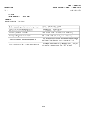 Page 49AMX-4+ OPERATION
GE Healthcare (MODEL 2169360, 2236420 & 2275938 SERIES)
REV 15 om 2166913-1EN
11-1
SECTION 11
ENVIRONMENTAL CONDITIONS
Table 11-1 
ENVIRONMENTAL CONDITIONS
System operating environmental temperature15°C to 38°C / 59°F to 100°F
Storage environmental temperature-40°C to 60°C / -40°F to 140°F
Operating ambient humidity10% to 80% relative humidity, non-condensing
Non-operating ambient humidity5% to 95% relative humidity, non-condensing
Operating ambient atmospheric pressure106.2 kPa down to...