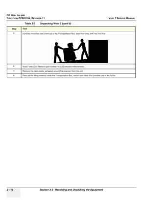 Page 136
GE HEALTHCARE
DIRECTION FC091194, REVISION 11    VIVID 7 SERVICE MANUAL 
3 - 12 Section 3-3 - Receiving  and Unpacking the Equipment
5.Carefully move the instrument out of the Transportation Box, down the ramp, with rear end first.
6.Vivid 7 with LCD: Remove part number 10 (LCD monitor enforcement).
7. Remove the clear plastic (wrapped around the scanner) from the unit.
8. Place all the filling material inside  the Transportation Box, close it and store it for possible use in the future.
Table 3-7...