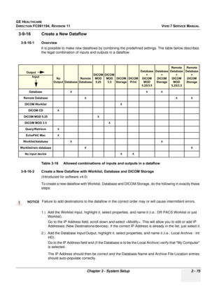 Page 199
GE HEALTHCARE
DIRECTION FC091194, REVISION 11    VIVID 7 SERVICE MANUAL 
Chapter 3 - System Setup 3 - 75
3-9-16 Create a New Dataflow
3-9-16-1 Overview It is possible to make new dataflows by combining  the predefined settings. The table below describes 
the legal combination of inputs and outputs in a dataflow.
3-9-16-2 Create a New Dataflow with Worklist, Database and DICOM Storage (Introduced for software v4.0)
To create a new dataflow with Work list, Database and DICOM Storage,  do the following in...