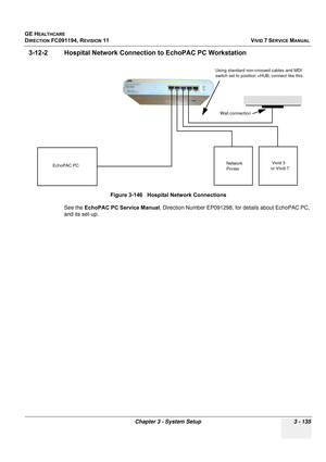 Page 259
GE HEALTHCARE
DIRECTION FC091194, REVISION 11    VIVID 7 SERVICE MANUAL 
Chapter 3 - System Setup 3 - 135
3-12-2 Hospital Network Connectio n to EchoPAC PC Workstation
See the EchoPAC PC Service Manual , Direction Number EP091298, for details about EchoPAC PC, 
and its set-up. Figure 3-146   Hospital Network Connections
Using standard non-crossed cables and MDI 
switch set to position =HUB, connect like this.
Wall connection
EchoPAC PC Network 
Printer Vivid 3 
or Vivid 7 