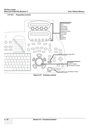 Page 334
GE HEALTHCARE
DIRECTION FC091194, REVISION 11    VIVID 7 SERVICE MANUAL 
4 - 70 Section 4-3 - Functional Checks
4-3-18-2      Preparation (cont’d) Figure 4-37   Cineloop controls
OffOff/OnO n
Mode Dependant 
Keys
Left marker
Right marker
Cycle select
Number of cycles
First Cycle
Last Cycle
Sync
Cineloop
Select all
Trackball
Scroll (in freeze)
Cine speed (in replay)
Freeze
Image Store
Start/stop cineloop 