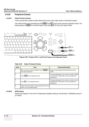 Page 338
GE HEALTHCARE
DIRECTION FC091194, REVISION 11    VIVID 7 SERVICE MANUAL 
4 - 74 Section 4-3 - Functional Checks
4-3-20 Peripheral Checks
4-3-20-1 Video Printers Checks There may be both a black & white video printer and a color video printer on-board the system. 
The Video Printers are controlled from the  PRINT
 and ALT. keys on the scanner’s Operator Panel. The 
factory default is  PRINT
 for the B/W Video Printer and  ALT. for the Color Video Printer.
  
4-3-20-2 DVR Checks Please see chapter 5 in...