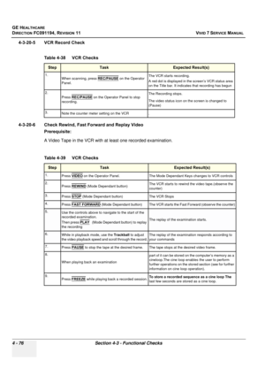 Page 340
GE HEALTHCARE
DIRECTION FC091194, REVISION 11    VIVID 7 SERVICE MANUAL 
4 - 76 Section 4-3 - Functional Checks
4-3-20-5 VCR Record Check
  
4-3-20-6 Check Rewind, Fast Forward and Replay Video Prerequisite:
A Video Tape in the VCR with at least one recorded examination.
  
Table 4-38    VCR Checks
StepTask Expected Result(s)
1.When scanning, press  REC/PAUSE on the Operator 
Panel. The VCR starts recording.
A red dot is displayed in the screen’s VCR status area 
on the Title bar. It indicates that...