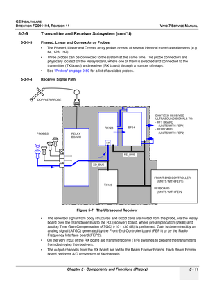 Page 357
GE HEALTHCARE
DIRECTION FC091194, REVISION 11    VIVID 7 SERVICE MANUAL 
Chapter 5 - Components and Functions (Theory) 5 - 11
5-3-9 Transmitter and R eceiver Subsystem (cont’d)
5-3-9-3 Phased, Linear and Convex Array Probes
• The Phased, Linear and Convex array probes consis t of several identical transducer elements (e.g. 
64, 128, 192). 
• Three probes can be connected to the system at the same time. The probe connectors are  physically located on the Relay Board, where on e of them is selected and...