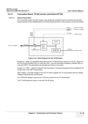 Page 365
GE HEALTHCARE
DIRECTION FC091194, REVISION 11    VIVID 7 SERVICE MANUAL 
Chapter 5 - Components and Functions (Theory) 5 - 19
5-3-11 Transmitter Board, TX12 8 (version used before BT’05)
5-3-11-1 General Description
The Transmitter board (TX128) contains 128 individually controlled transmit channels and provides 
transmit pulses via the XDBUS board to the Relay boa rd and then to the transducer array (the probes).
Frequency-, delay- and pulswidth parameters for the TX128 board are received on the FE_BUS...