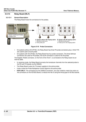 Page 372
GE HEALTHCARE
DIRECTION FC091194, REVISION 11    VIVID 7 SERVICE MANUAL 
5 - 26 Section 5-3 - a  Front-End Processor (FEP)
5-3-13 Relay Board (RLY)
5-3-13-1 General Description The Relay Board hosts the connectors for the probes. 
• On systems without 4D (RT3D), the Relay Board has three PA probe connectors plus a “blind” PA slot used to park a fourth probe.
• On systems with 4D (RT3D), the  Relay Board has four probe connectors. The three leftmost 
connectors are used for PA probes, the fourth...