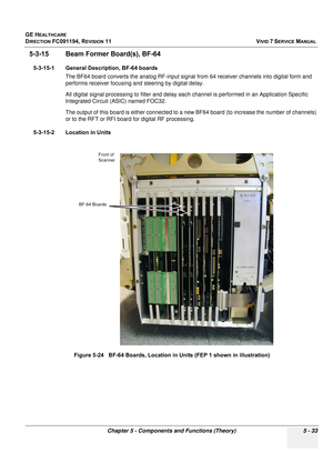 Page 379
GE HEALTHCARE
DIRECTION FC091194, REVISION 11    VIVID 7 SERVICE MANUAL 
Chapter 5 - Components and Functions (Theory) 5 - 33
5-3-15 Beam Former Board(s), BF-64
5-3-15-1 General Description, BF-64 boards  The BF64 board converts the analog RF-input signal from 64 receiver channels into digital form and 
performs receiver focusing and steering by digital delay.
All digital signal processing to filter and delay ea ch channel is performed in an Application Specific 
Integrated Circuit (ASIC) named FOC32....