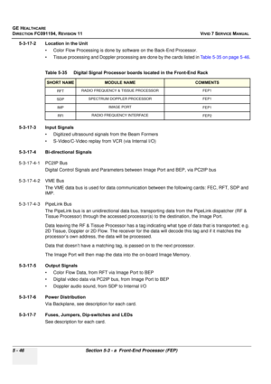 Page 392
GE HEALTHCARE
DIRECTION FC091194, REVISION 11    VIVID 7 SERVICE MANUAL 
5 - 46 Section 5-3 - a  Front-End Processor (FEP)
5-3-17-2 Location in the Unit • Color Flow Processing is done by  software on the Back-End Processor.
• Tissue processing and Doppler processing are done by the cards listed in  Table 5-35 on page 5-46.
5-3-17-3 Input Signals • Digitized ultrasound signals from the Beam Formers
• S-Video/C-Video replay from  VCR (via Internal I/O)
5-3-17-4 Bi-directional Signals
5-3-17-4-1 PC2IP Bus...