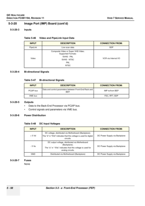 Page 404
GE HEALTHCARE
DIRECTION FC091194, REVISION 11    VIVID 7 SERVICE MANUAL 
5 - 58 Section 5-3 - a  Front-End Processor (FEP)
5-3-20 Image Port (I MP) Board (cont’d)
5-3-20-3 Inputs
5-3-20-4 Bi-directional Signals
5-3-20-5 Outputs
• Data to the Back-End Processor via PC2IP bus.
• Control signals and parameters via VME bus.
5-3-20-6 Power Distribution
 
5-3-20-7 Fuses None Table 5-46    Video and PipeLink Input Data 
INPUTDESCRIPTIONCONNECTION FROM:
PipeLink Live scan data SDP
Video Composite Video or Super...