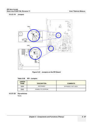 Page 413
GE HEALTHCARE
DIRECTION FC091194, REVISION 11    VIVID 7 SERVICE MANUAL 
Chapter 5 - Components and Functions (Theory) 5 - 67
5-3-21-19 Jumpers
  
 
5-3-21-20 Dip-switches None. Figure 5-41   Jumpers on the RFI Board
Table 5-56    RFI - Jumpers
JUMPER  NAME
DESCRIPTIONCOMMENTS
SW4WD ENABLE BYPASSED, NOT USED.
SW5DISABLE PCI EEPROM
P/N: FC200054- MCD REV:S/N:
RFI
B
C D E F
1 25AJ6
C3364
8U71C432C433C429C337TP45R326R412R413R415R417TP46
48
24U55
C365C85C84C426C175C152C15114...