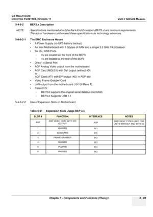 Page 435
GE HEALTHCARE
DIRECTION FC091194, REVISION 11    VIVID 7 SERVICE MANUAL 
Chapter 5 - Components and Functions (Theory) 5 - 89
5-4-6-2 BEP3.x Description NOTE: Specifications mentioned about the Back-End  Processor (BEP3.x) are minimum requirements. 
The actual hardware could exceed these  specifications as technology advances.
5-4-6-2-1 The EMC Enclosure House • A Power Supply (no UPS battery backup) 
• An Intel Motherboard with 1 Gbytes of  RAM and a single 3.2 GHz P4 processor.
• Six (6x) USB Ports....