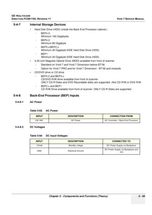 Page 441
GE HEALTHCARE
DIRECTION FC091194, REVISION 11    VIVID 7 SERVICE MANUAL 
Chapter 5 - Components and Functions (Theory) 5 - 95
5-4-7 Internal Storage Devices
• Hard Disk Drive (HDD) (inside the Back-End Processor cabinet.) - BEP4.3: Minimum 160 Gigabytes
- BEP4.2:  Minimum 80 Gigabyte
- BEP3.x/BEP2.x:  Minimum 40 Gigabyte EIDE Hard Disk Drive (HDD)
- BEP1:  Minimum 20 Gigabyte EIDE Hard Disk Drive (HDD)
• 5.25 inch Magneto-Optical Drive (MOD) available from front of scanner - Standard on Vivid 7 and...