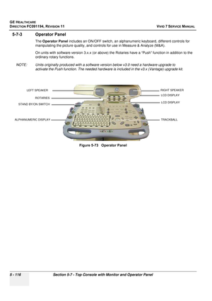 Page 462
GE HEALTHCARE
DIRECTION FC091194, REVISION 11    VIVID 7 SERVICE MANUAL 
5 - 116 Section 5-7 - Top Console with Monitor and Operator Panel
5-7-3 Operator Panel
The  Operator Panel  includes an ON/OFF switch, an alphanum eric keyboard, different controls for 
manipulating the picture quality, and cont rols for use in Measure & Analyze (M&A).
On units with software version 3.x.x (or above) the Ro taries have a “Push” function in addition to the 
ordinary rotary functions. 
NOTE: Units originally produced...