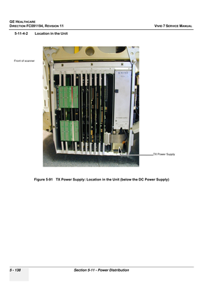 Page 484
GE HEALTHCARE
DIRECTION FC091194, REVISION 11    VIVID 7 SERVICE MANUAL 
5 - 138 Section 5-11 - Power Distribution
5-11-4-2 Location in the Unit Figure 5-91   TX Power Supply: Location in the Unit (below the DC Power Supply)
TX Power Supply
Front of scanner 