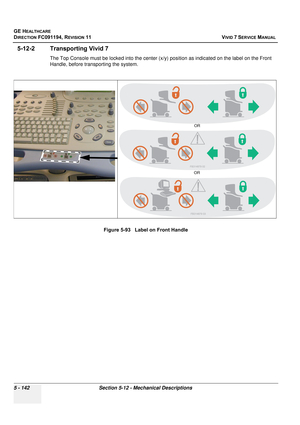 Page 488
GE HEALTHCARE
DIRECTION FC091194, REVISION 11    VIVID 7 SERVICE MANUAL 
5 - 142 Section 5-12 - Mechanical Descriptions
5-12-2 Transporting Vivid 7
The Top Console must be locked into the center (x /y) position as indicated on the label on the Front 
Handle, before transp orting the system.
Figure 5-93   Label on Front Handle
OR
OR  