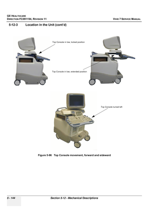 Page 490
GE HEALTHCARE
DIRECTION FC091194, REVISION 11    VIVID 7 SERVICE MANUAL 
5 - 144 Section 5-12 - Mechanical Descriptions
5-12-3 Location in the Unit (cont’d)
Figure 5-96   Top Console movement, forward and sideward
Top Console in low, locked position
Top Console in low, extended position
Top Console turned left 