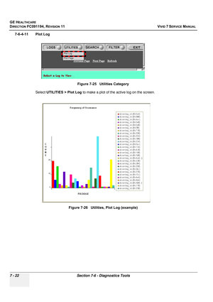 Page 534
GE HEALTHCARE
DIRECTION FC091194, REVISION 11    VIVID 7 SERVICE MANUAL 
7 - 22 Section 7-6 - Diagnostics Tools
7-6-4-11 Plot Log Select UTILITIES >  Plot Log  to make a plot of the active log on the screen.
Figure 7-25   Utilities Category
Figure 7-26   Utilities, Plot Log (example) 