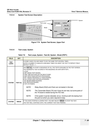 Page 581
GE HEALTHCARE
DIRECTION FC091194, REVISION 11    VIVID 7 SERVICE MANUAL 
Chapter 7 - Diagnostics/Troubleshooting 7 - 69
7-8-3-4 System Test Screen Description
7-8-3-5 Test Loops, System Figure 7-74   System Test Screen, Upper Part 
Table 7-6    Test Loops, System - Test All, System - Break (FEP1)
FIELDKEYDESCRIPTION
TEST 
LOOPS -IN SOME CASES YOU MAY WANT TO DO THE SAME TEST SEVERAL TIMES. 
ENTER A NUMBER TO INDICATE HOW MANY TI
MES YOU WANT THE TEST TO REPEAT ITSELF. 
DEFAULT VALUE = 1..
SYSTEM TEST...