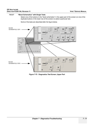 Page 583
GE HEALTHCARE
DIRECTION FC091194, REVISION 11    VIVID 7 SERVICE MANUAL 
Chapter 7 - Diagnostics/Troubleshooting 7 - 71
7-8-3-7 “Block Schematics” with Single Tests Select one of the buttons in the “block schematics”  in the upper part of the screen (or one of the 
duplicate buttons in the lower row of the screen) to select a particular test. 
Some of the tests are described after the figure below. 
Figure 7-75   Diagnostics Test Screen, Upper Part
BLOCK 
SCHEMATICS, FEP2BLOCK 
SCHEMATICS, FEP1 