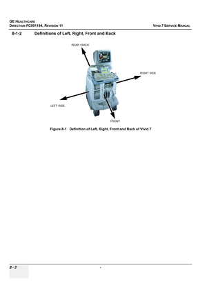 Page 590
GE HEALTHCARE
DIRECTION FC091194, REVISION 11    VIVID 7 SERVICE MANUAL 
8 - 2  - 
8-1-2 Definitions of Le ft, Right, Front and Back
Figure 8-1   Definition of Left, Right, Front and Back of Vivid 7
RIGHT SIDE
REAR / BACK
LEFT SIDE FRONT 