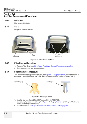 Page 596
GE HEALTHCARE
DIRECTION FC091194, REVISION 11    VIVID 7 SERVICE MANUAL 
8 - 8 Section 8-5 - Air Filter Replacement Procedure
Section 8-5
Air Filter Replacement Procedure
8-5-1 Manpower
One person, 30 minutes 
8-5-2 Tools
No special tools are needed
 
8-5-3 Filter Removal Procedure
1.) Remove Filter Cover, see  8-3-3 Upper Rear Cover Removal Procedure on page 8-6 .
2.) Pull out plastic plugs and remove the filter.
8-5-4 Filter Installation Procedure
Two different Plastic plugs have been used, see...