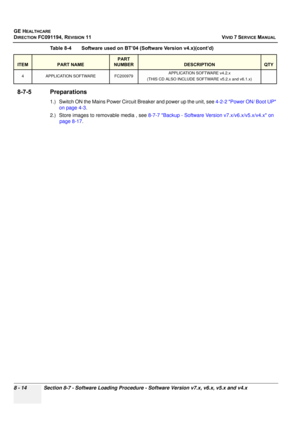 Page 602
GE HEALTHCARE
DIRECTION FC091194, REVISION 11    VIVID 7 SERVICE MANUAL 
8 - 14 Section 8-7 - Software Loading Procedure - Software Version v7.x, v6.x, v5.x and v4.x
8-7-5 Preparations
1.) Switch ON the Mains Power Circuit Breaker and power up the unit, see  4-2-2 Power ON/ Boot UP 
on page 4-3 .
2.) Store images to removable media , see  8-7-7 Backup - Software Version v7.x/v6.x/v5.x/v4.x on 
page 8-17 .
4APPLICATION SOFTWAREFC200979APPLICATION SOFTWARE v4.2.x 
(THIS CD ALSO INCLUDE SOFTWARE v5.2.x and...