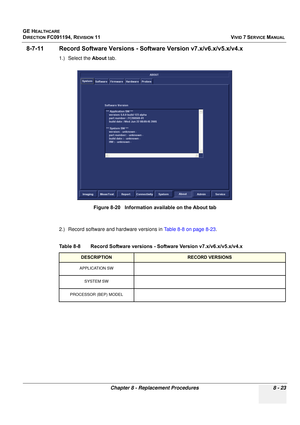 Page 611
GE HEALTHCARE
DIRECTION FC091194, REVISION 11    VIVID 7 SERVICE MANUAL 
Chapter 8 - Replacement Procedures 8 - 23
8-7-11 Record Software Versions  - Software Version v7.x/v6.x/v5.x/v4.x
1.) Select the About tab.
2.) Record software and hardware versions in  Table 8-8 on page 8-23.
 
Figure 8-20   Information available on the About tab
Table 8-8    Record Software versions  - Software Version v7.x/v6.x/v5.x/v4.x
DESCRIPTIONRECORD VERSIONS
APPLICATION SW
SYSTEM SW
PROCESSOR (BEP) MODEL 