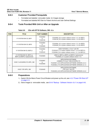 Page 627
GE HEALTHCARE
DIRECTION FC091194, REVISION 11    VIVID 7 SERVICE MANUAL 
Chapter 8 - Replacement Procedures 8 - 39
8-8-3 Customer Provided Prerequisite
• Formatted and labelled  removable media  for Images storage
• Formatted and labelled MO Disk for Patient Archive and User Defined Settings.
8-8-4 Tools Provided With Un it or After an Upgrade
8-8-5 Preparations
1.) Switch ON the Mains Power Circuit Breaker and power up the unit, see  4-2-2 Power ON/ Boot UP 
on page 4-3 .
2.) Store images to  removable...